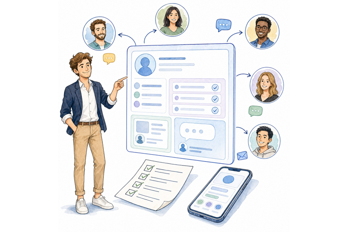 Sector7B hero image. Illustration of a user profile dashboard with connected contacts, messages, and task checklists.